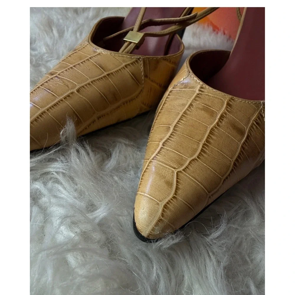 Colin‎ Stuart Tan Croc Embossed Leather Pointed Toe Ankle Wrap Heels Size 8